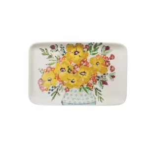 3R Studios 14.75 in. White Stoneware Rectangle Platter with Yellow Flowers