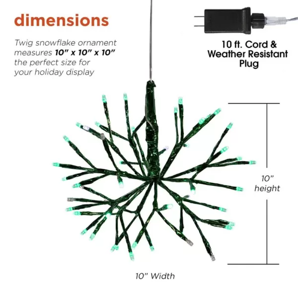 Alpine Corporation 10 in. Tall Christmas Twig Snowflake Ornament with LED Lights, Green