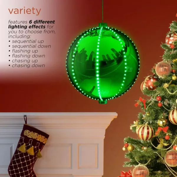 Alpine Corporation 13 in. Tall Hanging Christmas Ball Ornament with LED Lights, Green