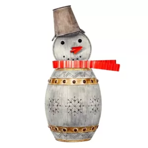 Alpine Corporation 30 in. Tall Weathered Barrel Snowman With Warm White LED Lights