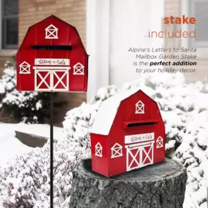 Alpine Corporation 54 in. Tall Metal Letters to Santa Red Barnhouse Mailbox Garden Stake