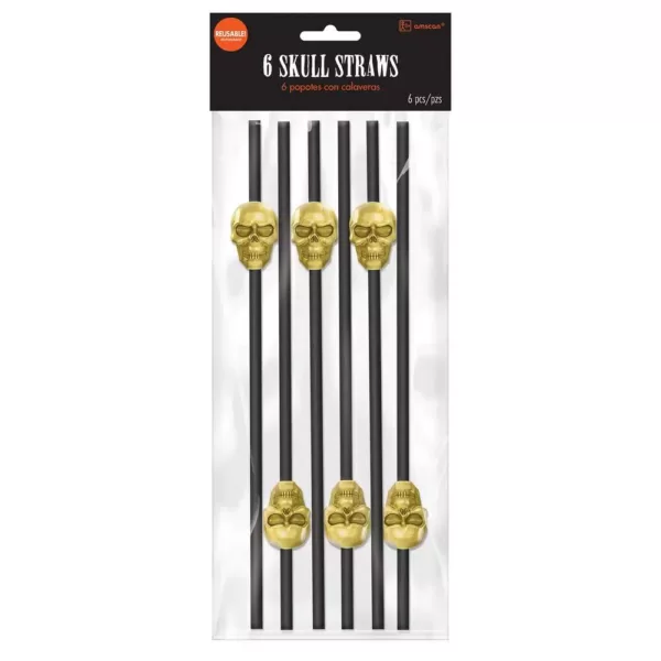 Amscan 11 in. Metallic Halloween Skull Reusable Plastic Straws (3-Pack)