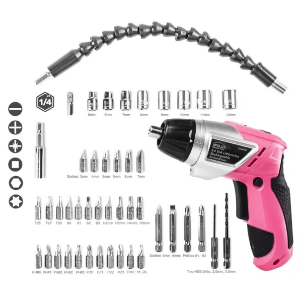 Apollo 1.4 in. 3.6-Volt Lithium-Ion Rechargeable Electric Screwdriver with 45-Piece Accessory Set in Pink