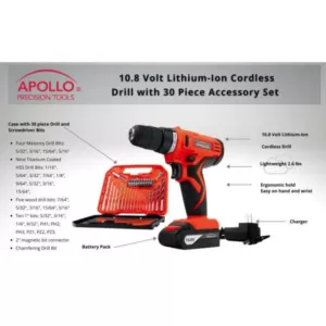 Apollo 10.8-Volt Lithium-Ion Cordless 3/8 in. Drill with Accessory Set (30-Piece)