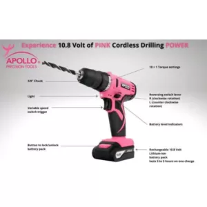 Apollo Tools 10.8-Volt Lithium-Ion 3/8 in. Cordless Drill with Accessory Set (30-Piece)