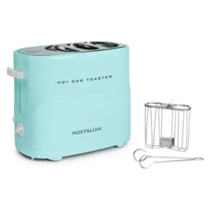 Nostalgia Retro Series 2-Slice Aqua Long Slot Hot Dog and Bun Toaster with Crumb Tray and Mini Tongs