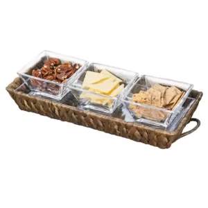 Artland Garden Terrace 3 Sectional Server 1-Glass Tray 12.25"L, 5"W, 1"H, 3-Sq. Glass Bowls 3.75", Water Hyacinth Holder.