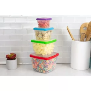 Home Basics 8-Piece Nesting Plastic Food Storage Container Set with Multi-Color Snap-On Lids