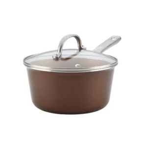 Ayesha Curry Home Collection 3 qt. Aluminum Nonstick Sauce Pan in Brown Sugar with Glass Lid