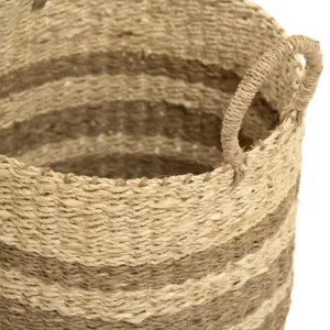 Zentique Cylindrical Handmade Woven Wicker Seasgrass Palm Leaf Wire Medium Basket with Stripes and Handles