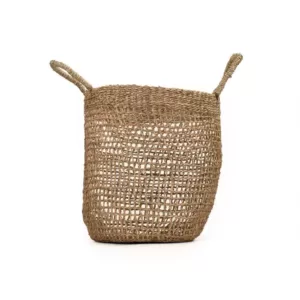 Zentique Cylindrical Handmade Woven Wicker Seasgrass Palm Leaf Wire Medium Basket with Stripes and Handles