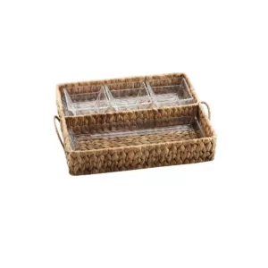 Artland Garden Terrace Dbl.Tray Server. Glass Tray 12.25"L, 5"W, 1"H, 3-Glass Bowls 3.75"sq.Water Hyacinth Holder, Gift Box