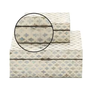 LITTON LANE Vintage White Zig-Zag Patterned MDF Multiple Decorative Boxes w/ Tan, Gray and Blue Mother of Pearl Tile Inlay(Set of 2)