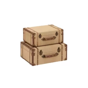 LITTON LANE Rectangular Wooden Burlap Trunk Boxes with Hinged Lids (Set of 2)