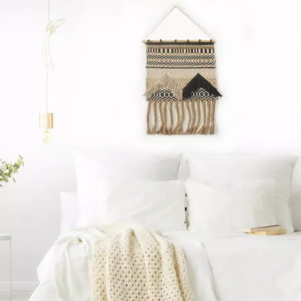 LR Home Trellis Beige / Charcoal Geometric Braided Fringed Wall Tapestry