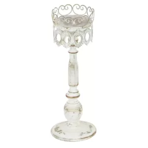 LITTON LANE 14 in. Distressed Ivory Iron Pillar Candle Holders with Filigree-Patterned Cups (Set of 2)