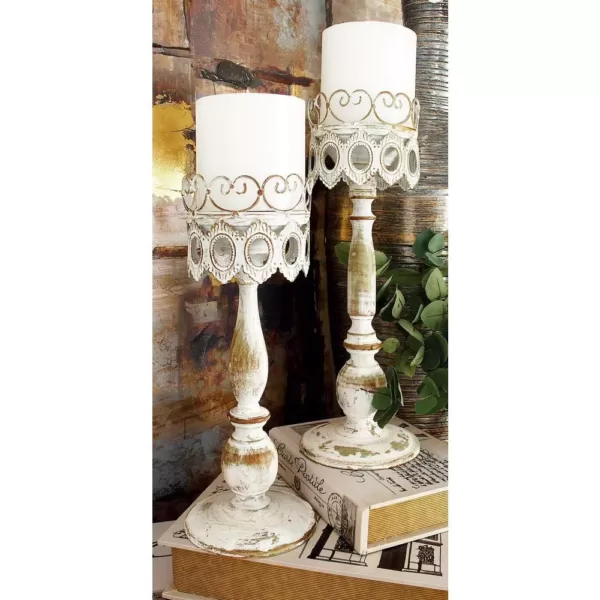 LITTON LANE 14 in. Distressed Ivory Iron Pillar Candle Holders with Filigree-Patterned Cups (Set of 2)