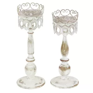 LITTON LANE 14 in. Distressed Ivory Iron Pillar Candle Holders with Filigree-Patterned Cups (Set of 2)