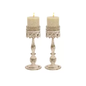 LITTON LANE 14 in. Distressed Ivory Iron Pillar Candle Holders with Filigree-Patterned Cups (Set of 2)