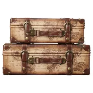 Vintiquewise 17 in. x 12 in. x 6 in. Wood and Faux Leather Old World Map Vintage Style Suitcase with Straps, Set of 2