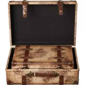 Vintiquewise 17 in. x 12 in. x 6 in. Wood and Faux Leather Old World Map Vintage Style Suitcase with Straps, Set of 2