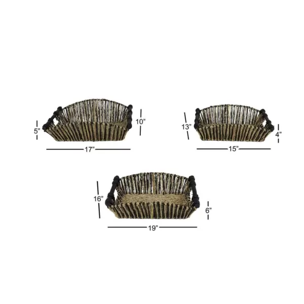 LITTON LANE Rectangular Black and Natural Striped Palm Leaf and Seagrass Basket Trays (Set of 3)