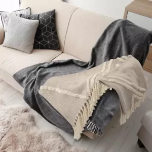 LR Home Fringe Tufted Geometric Beige / Cream Cotton Throw Blanket