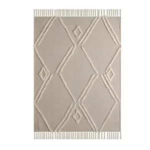 LR Home Fringe Tufted Geometric Beige / Cream Cotton Throw Blanket