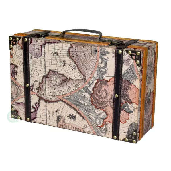 Vintiquewise 13.8 in. x 8.8 in. x 5 in. Wood and Faux Leather Old World Map Suitcase