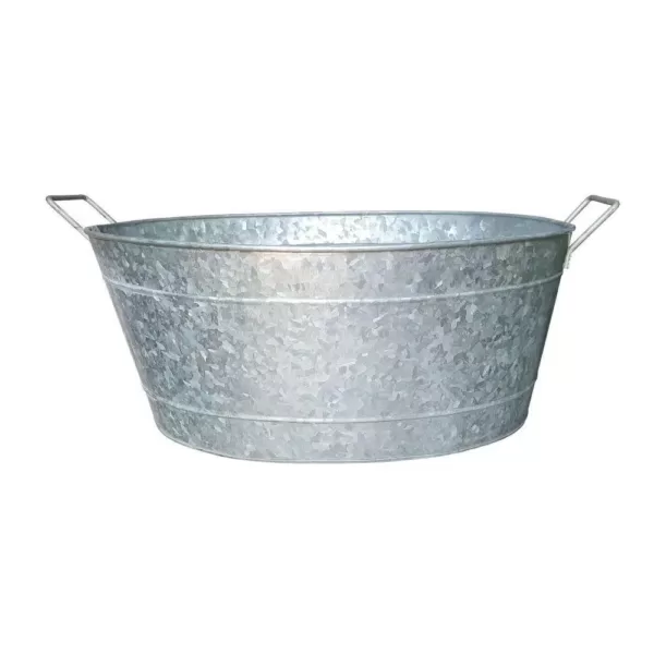 Benjara 1.1 Gal. Small Silver Steel Embossed Design Oval Shape Galvanized Steel Tub with Side Handles