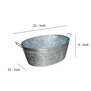 Benjara 1.1 Gal. Small Silver Steel Embossed Design Oval Shape Galvanized Steel Tub with Side Handles