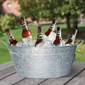 Benjara 1.1 Gal. Small Silver Steel Embossed Design Oval Shape Galvanized Steel Tub with Side Handles