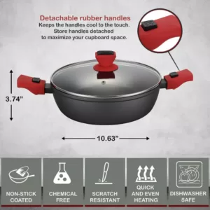 AMERCOOK 10 in. Round 4.5 Litre Low Casserole Pan and Glass Lid with Detachable Handle