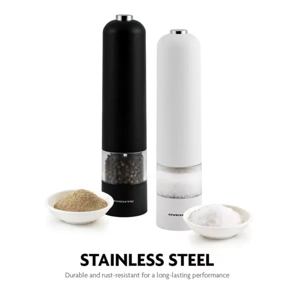 Ovente Salt and Pepper Grinder Set, Battery Operated 4 AA, Black and White