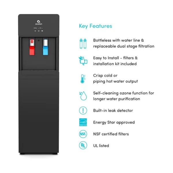 Avalon Self-Cleaning Touchless Bottle-Less Water Cooler Dispenser with Hot/Cold Water, Child Lock, NSF/UL/ENERGY STAR, Black