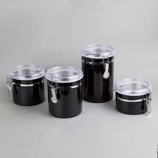 Creative Home Set of 4-Pieces Black Stainless Steel Canister Storage Container with Air Tight Lid and Locking Clamp