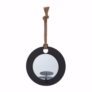 DANYA B Algarve Black Round Pillar Candle Sconce with Mirror and Rope