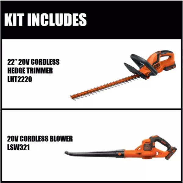 BLACK+DECKER 22 in. 20V Max Cordless Hedge Trimmer with (2) 1.5Ah Batteries and Charger with Bonus Blower Kit Included