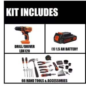 BLACK+DECKER 20-Volt MAX Lithium-Ion Cordless Drill and Project Kit with Battery 1.5Ah, Charger and Kit Bag