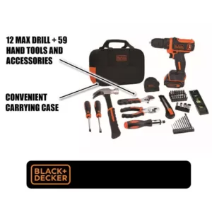 BLACK+DECKER 12-Volt MAX Lithium-Ion Cordless Project Kit (57-Piece) with Battery 1.5Ah, Charger and Tool Bag