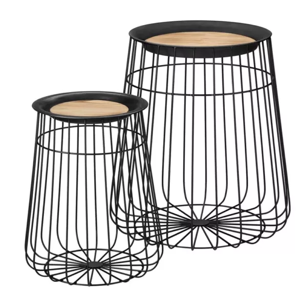 Home Decorators Collection Round Black Metal Decorative Basket with Wood Lid (Set of 2)