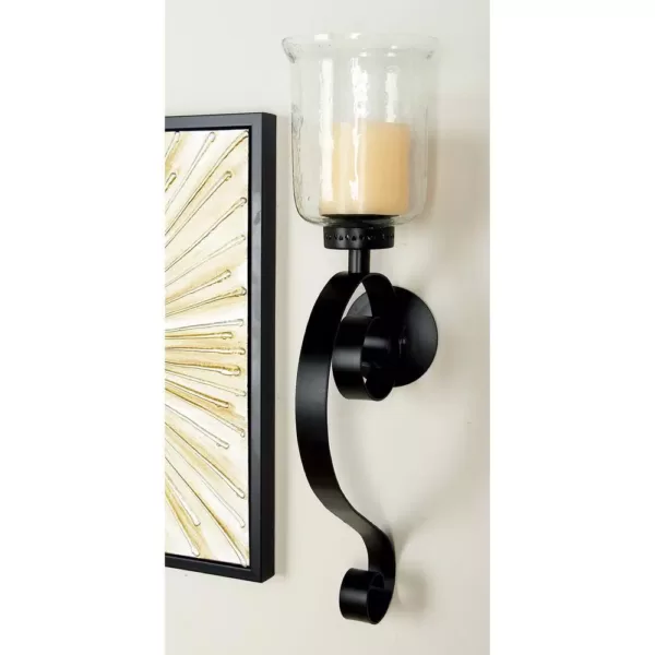 LITTON LANE 27 in. Wrought Iron Candle Sconce with Glass Hurricane Holder