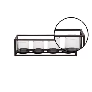 LITTON LANE 5 in. Black Iron and Clear Glass 4-Pedestal Rectangular Candle Holder