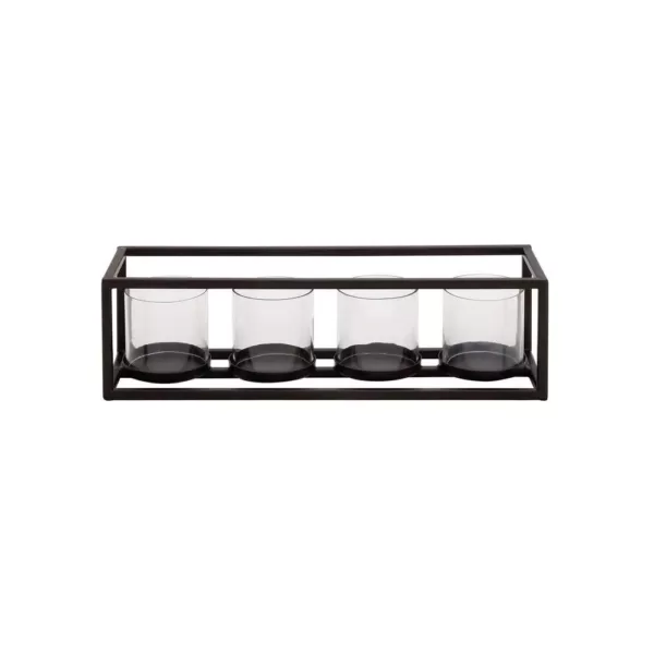 LITTON LANE 5 in. Black Iron and Clear Glass 4-Pedestal Rectangular Candle Holder