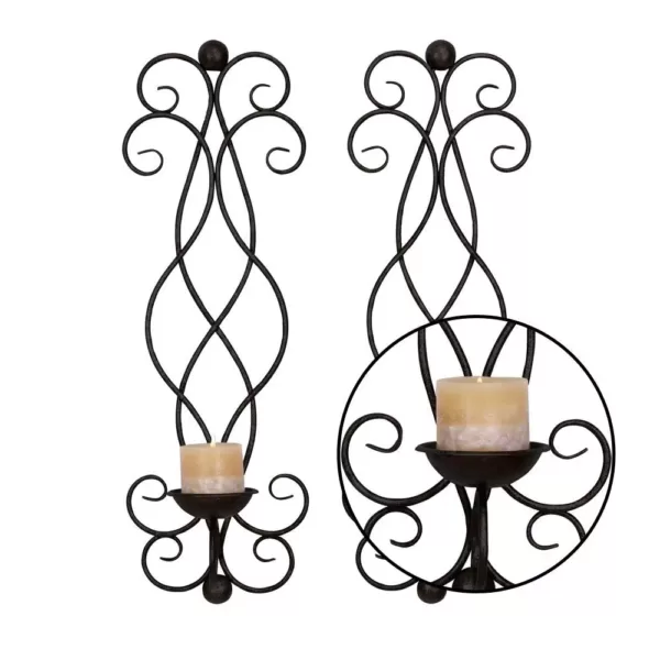 LITTON LANE 25 in. Black Iron Scrollwork Candle Sconce (Set of 2)