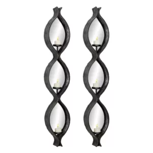 LITTON LANE Eclectic Ellipse-Shaped Black Mesh Metal Wall Sconces with Mirrors, Set of 2