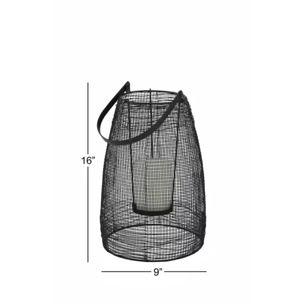 LITTON LANE Large Round Black Mesh Metal Lantern Candle Holder with Handle