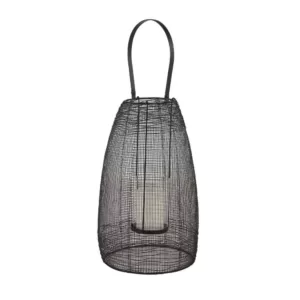 LITTON LANE Large Round Black Mesh Metal Lantern Candle Holder with Handle