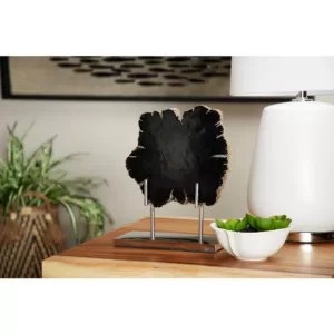 LITTON LANE Large Live Edge Black Petrified Wood Slice Sculpture on Silver Metal Stand