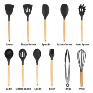 MegaChef Black Silicone and Wood Cooking Utensils (Set of 12)